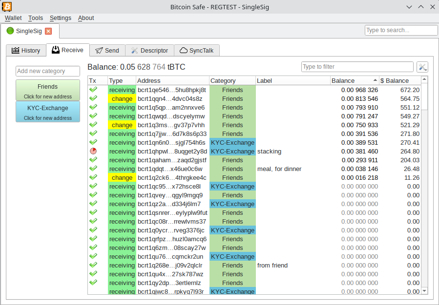 Screenshot Bitcoin Safe addresses receive tab